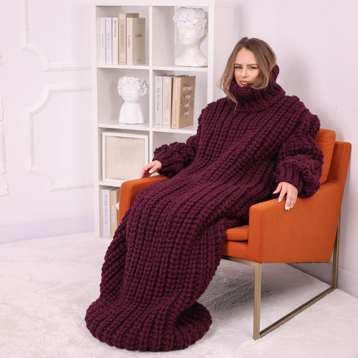 Aubergine long wool turtleneck dress T2391 seated view