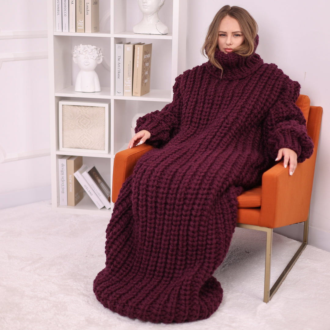 Aubergine handmade chunky wool maxi dress T2391 seated full view