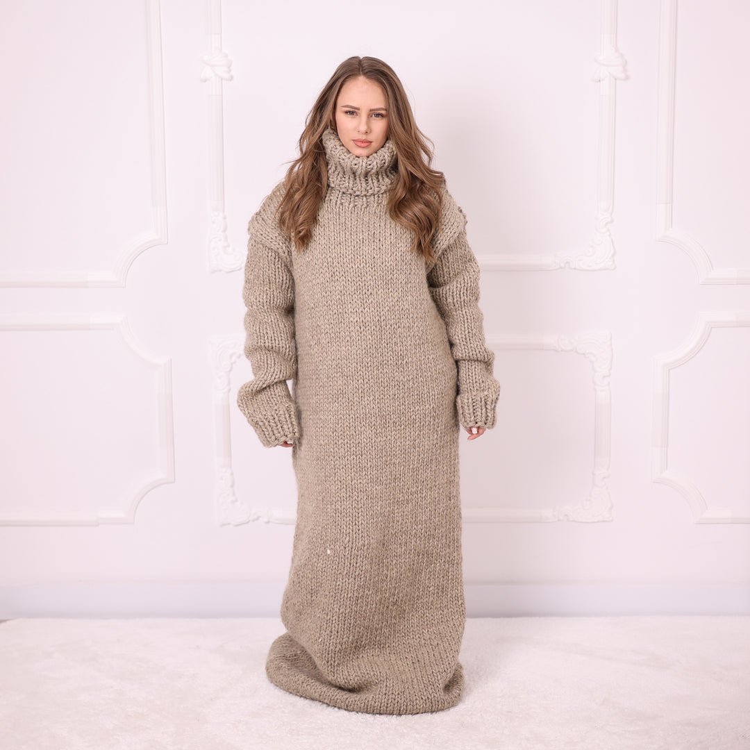Beige 3-strand soft wool oversized maxi turtleneck dress T2392 front view