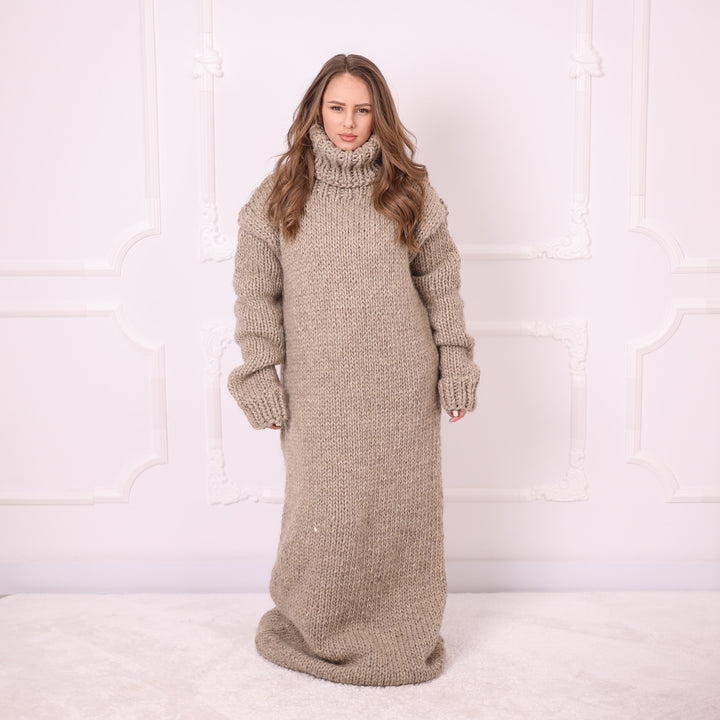 Beige 3-strand soft wool oversized maxi turtleneck dress T2392 front view