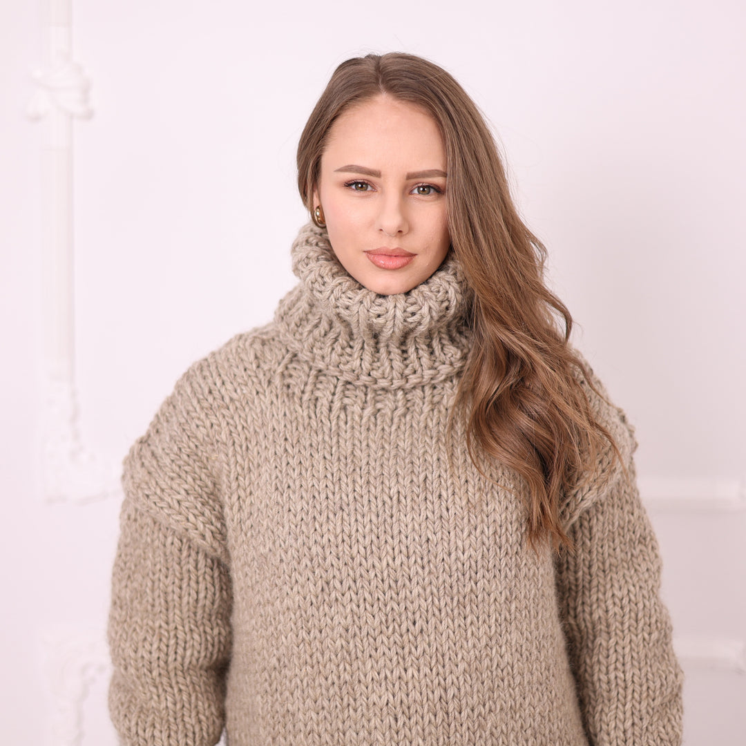 Beige wool maxi dress T2392 turtleneck close-up
