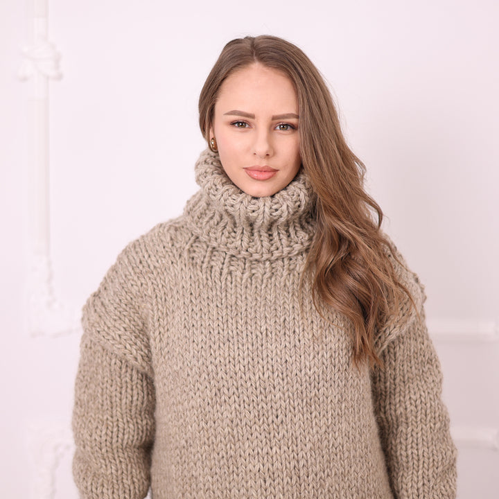 Beige wool maxi dress T2392 turtleneck close-up