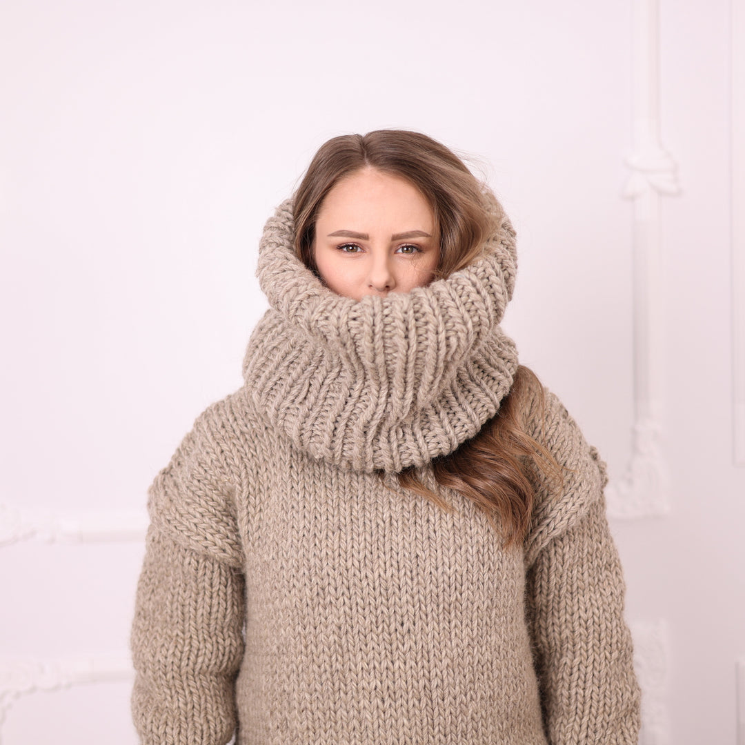 Beige oversized rib knit cowl scarf T2393 portrait view