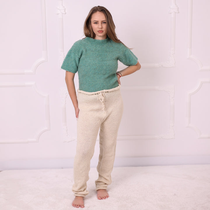 T2394 cream raw wool knitted pants full front view