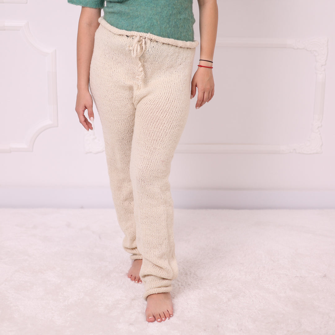 T2394 natural cream wool pants drawstring waist detail
