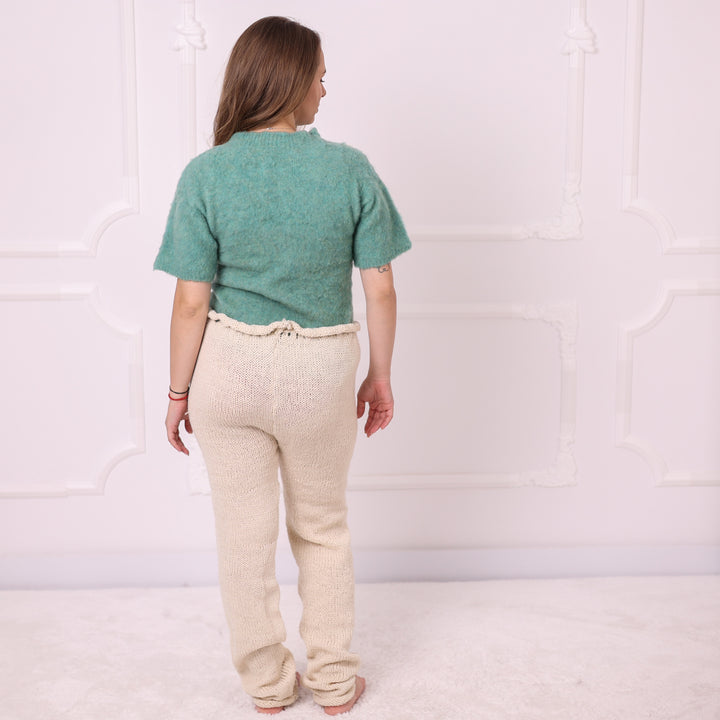 T2394 cream hand knit raw wool pants back view
