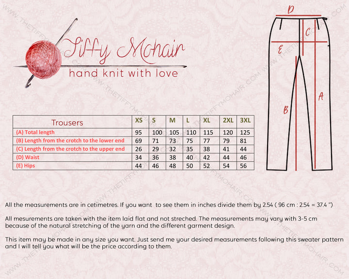 Tiffy Mohair knitted trousers size chart XS to 3XL