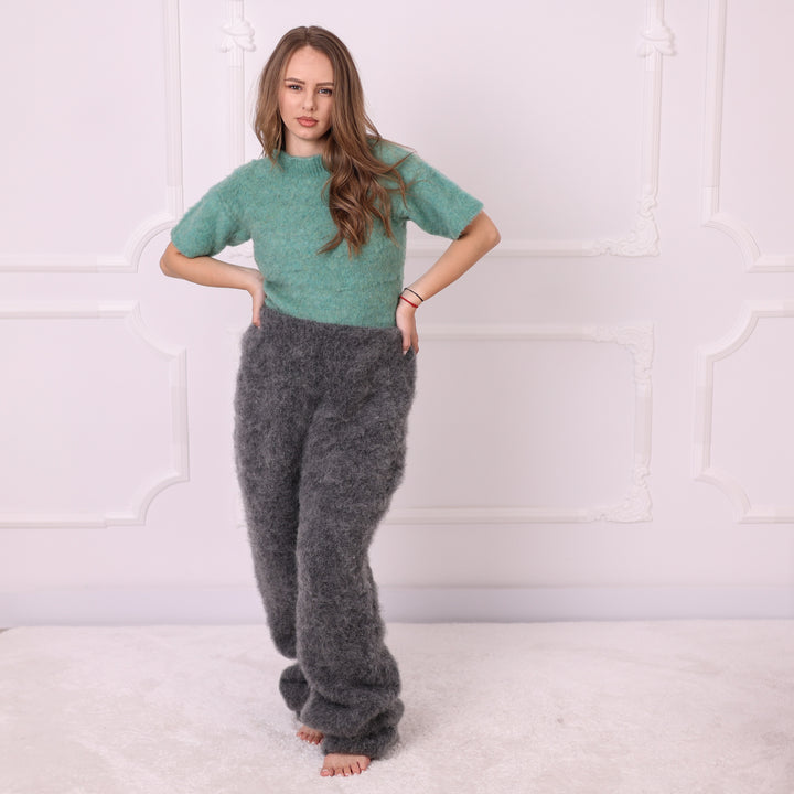 Gray kid mohair knit pants T2395 front view