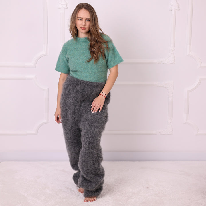 Gray kid mohair knit trousers T2395 front detail