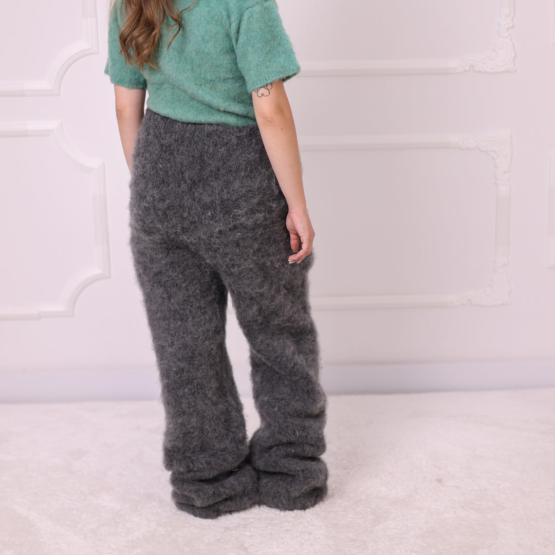 Gray kid mohair knit trousers T2395 close back view