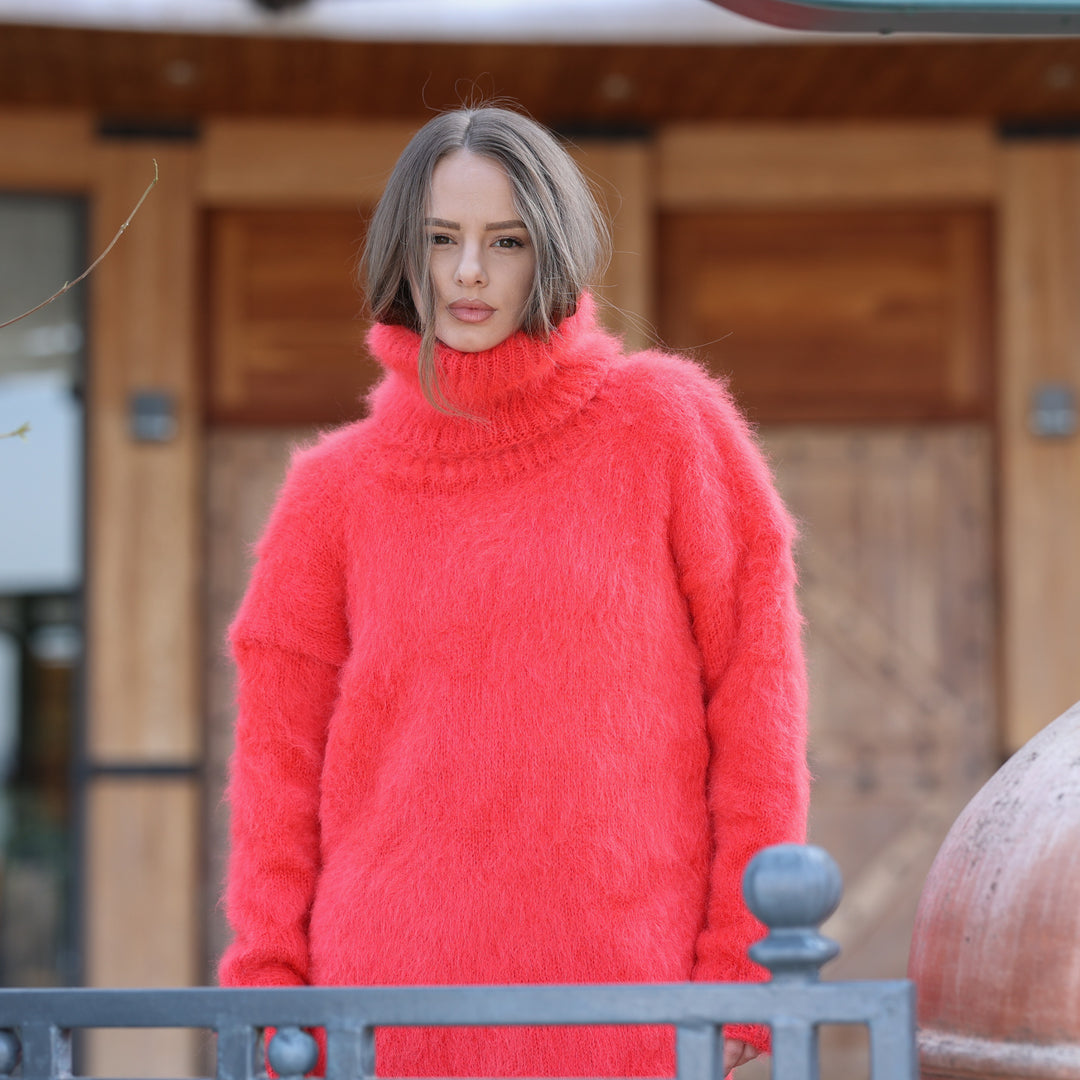 Coral red Kid Mohair turtleneck sweater T2408 portrait