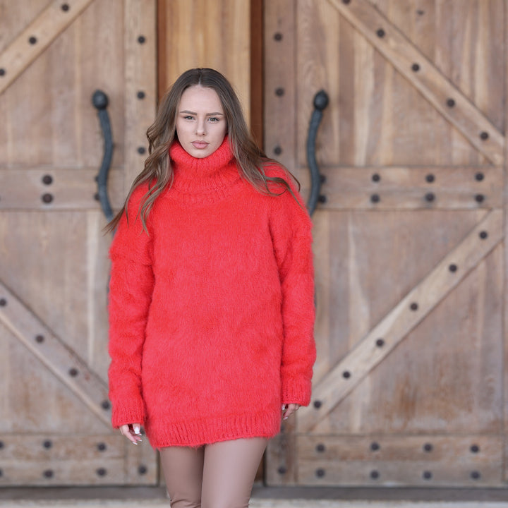 Coral red fuzzy Kid Mohair turtleneck sweater T2408 front view