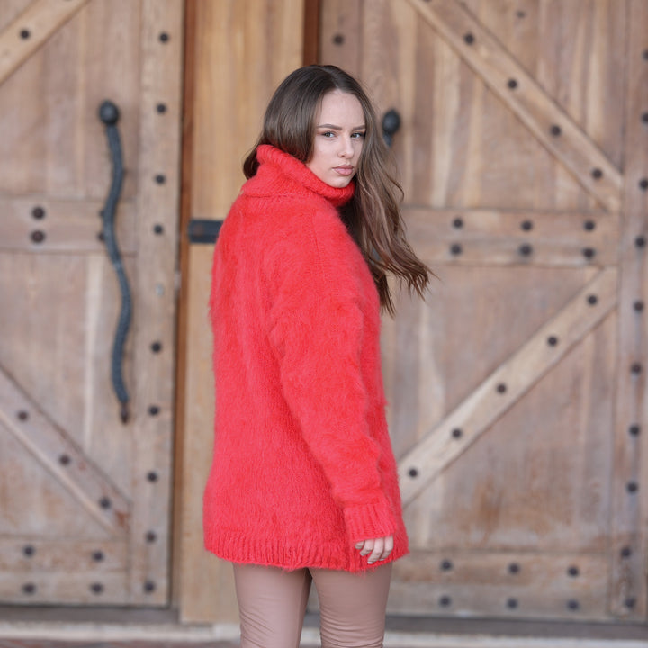 Coral red Kid Mohair oversized sweater T2408 side view