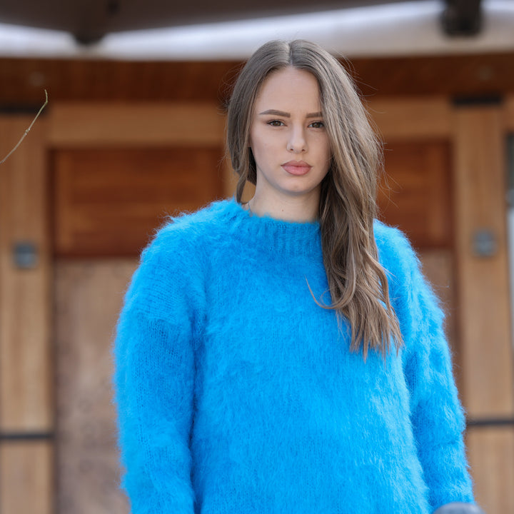 Electric blue hand knitted mohair crewneck sweater T2409 upper body view