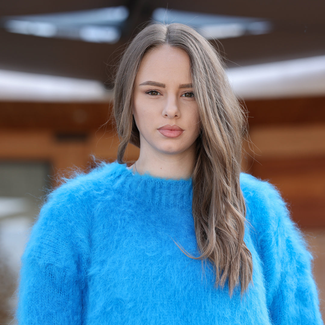 Electric blue brushed Kid Mohair sweater T2409 fuzzy collar texture close-up