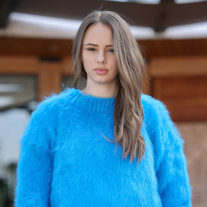 Electric blue fluffy mohair pullover T2409 front neckline and sleeve detail