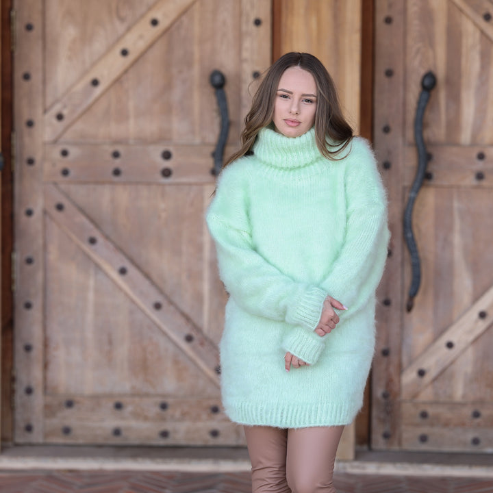 Pale mint green Kid Mohair oversized turtleneck sweater T2410 full front view