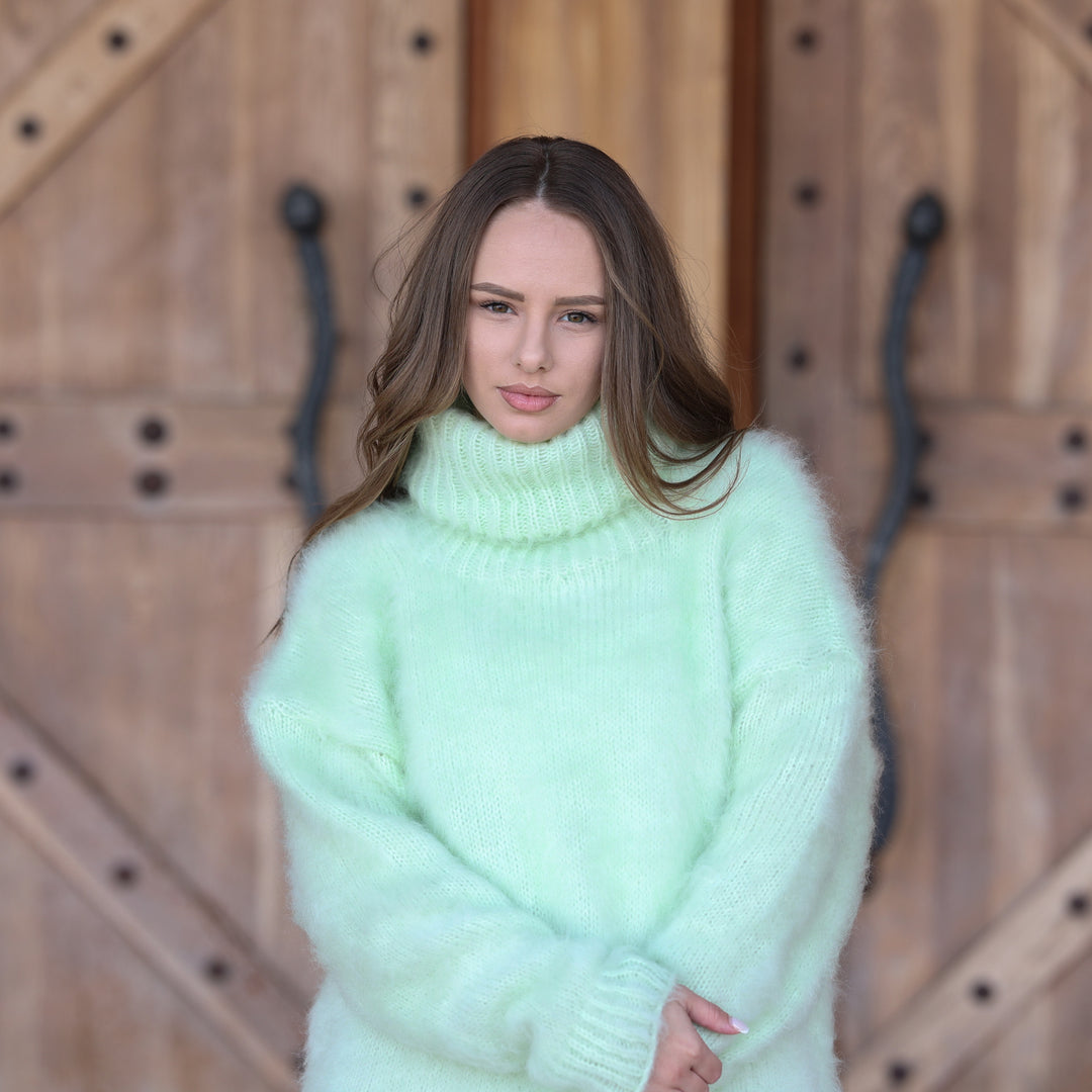 Pale mint green Kid Mohair oversized turtleneck sweater T2410 front portrait