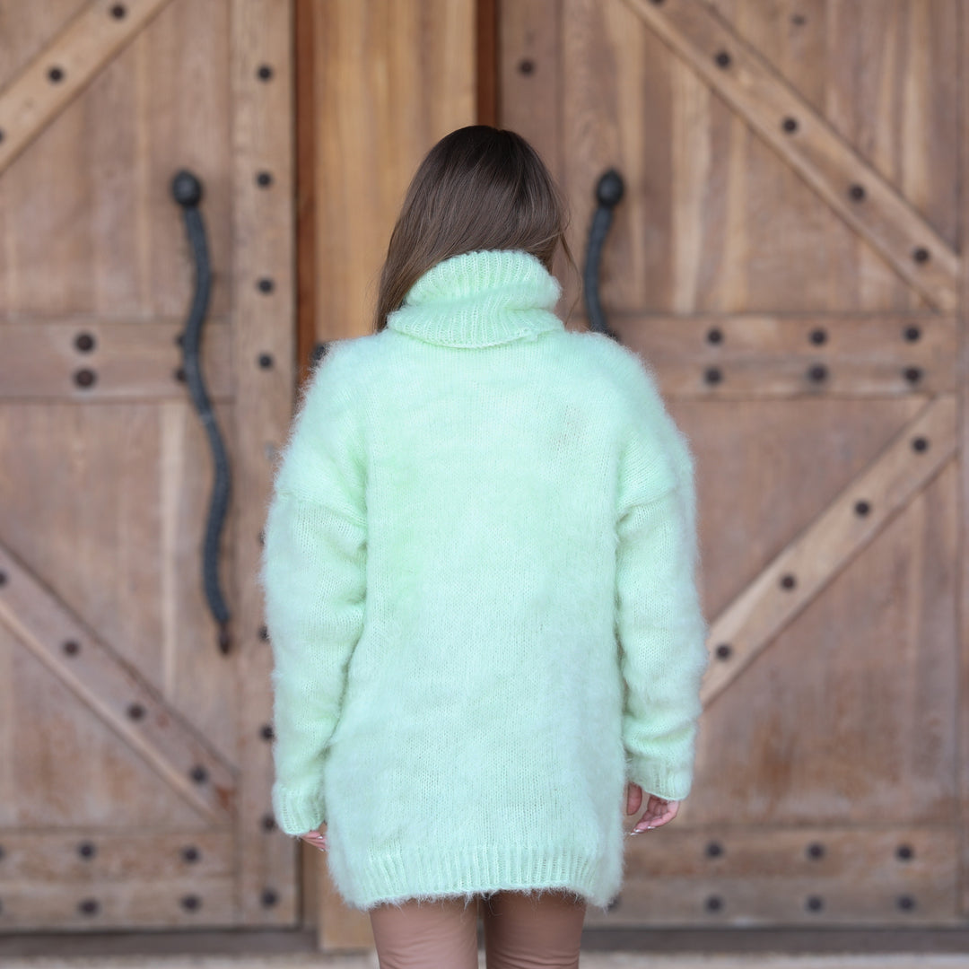 Pale mint green Kid Mohair oversized turtleneck sweater T2410 back view
