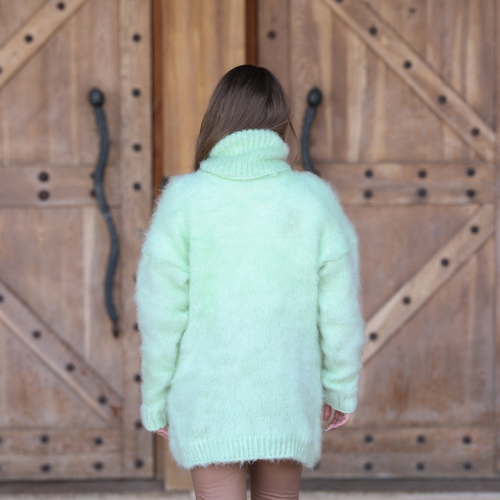 Pale mint green Kid Mohair oversized turtleneck sweater T2410 back view
