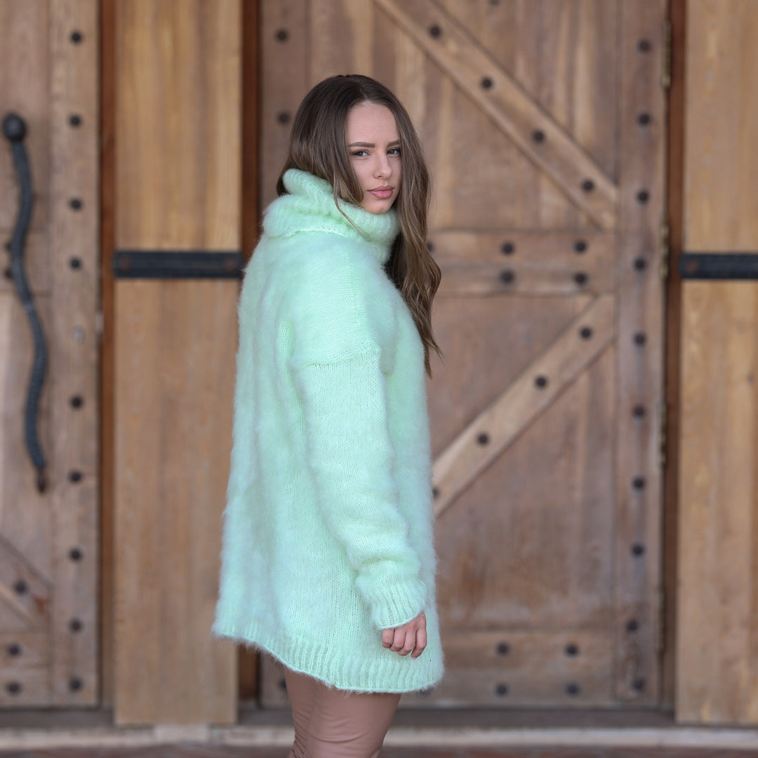 Pale mint green Kid Mohair oversized turtleneck sweater T2410 side profile
