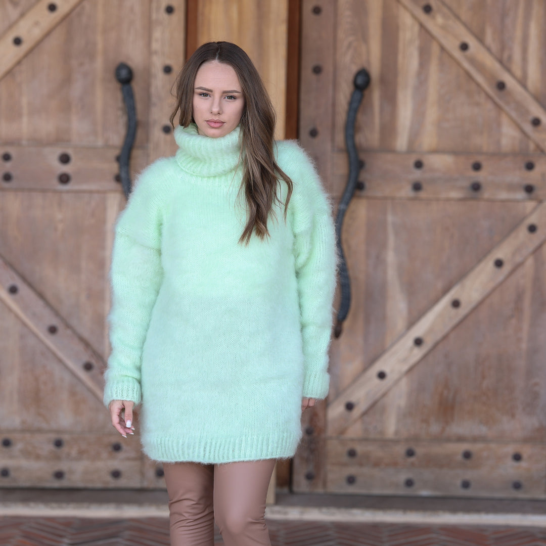 Pale mint green Kid Mohair oversized turtleneck sweater T2410 front relaxed fit