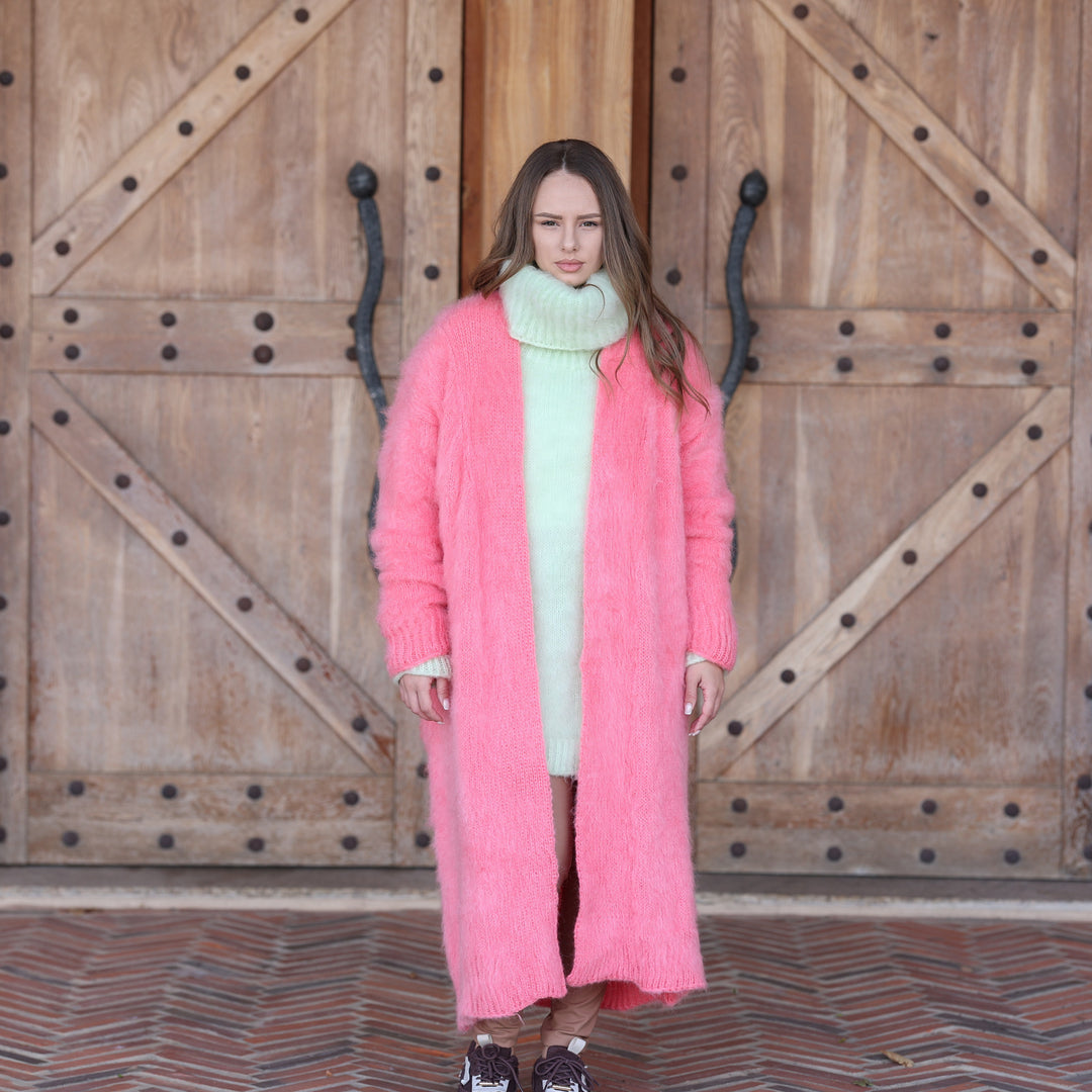 Bright pink Kid Mohair oversized maxi cardigan T2411 full front open layering view