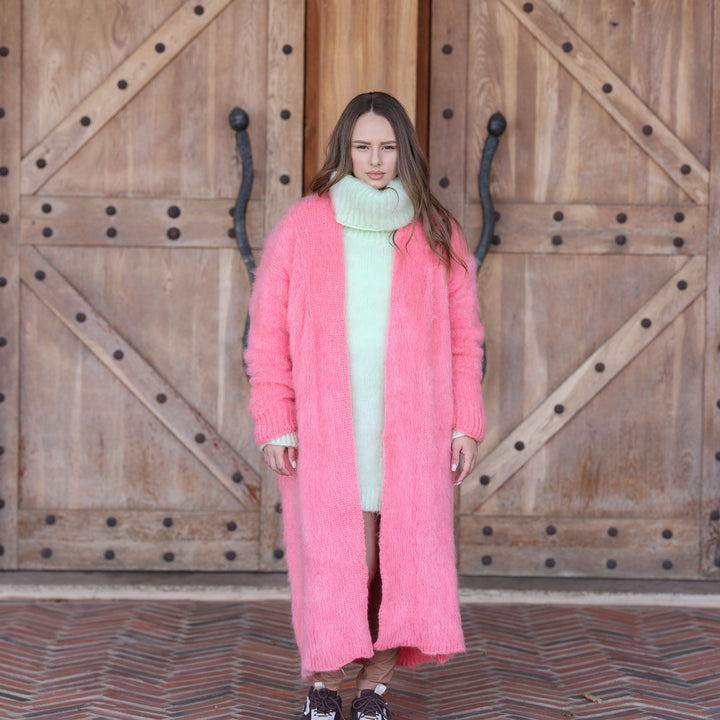 Bright pink Kid Mohair oversized maxi cardigan T2411 full front open layering view