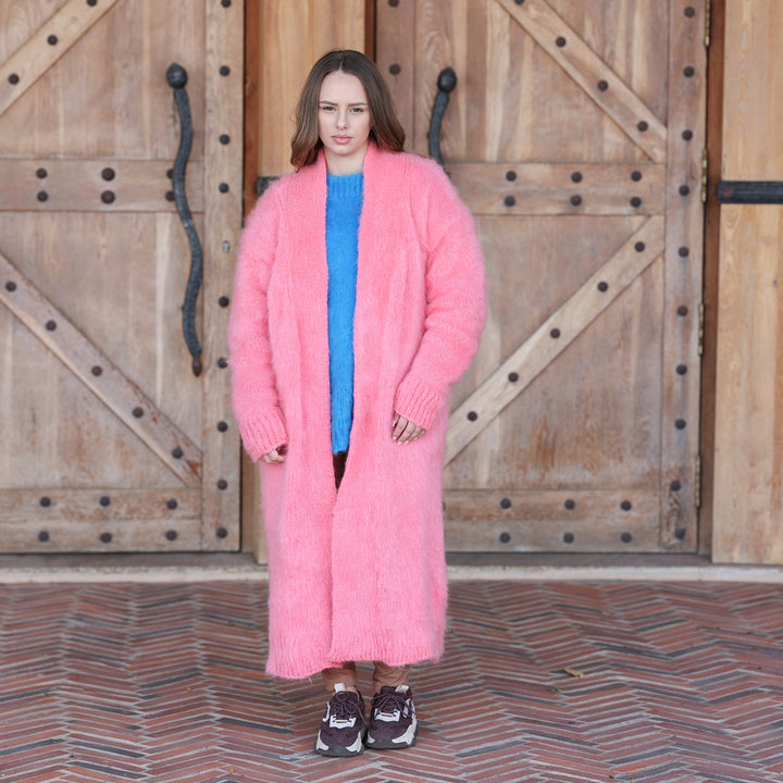 Bright pink Kid Mohair oversized maxi cardigan T2411 full front with blue top