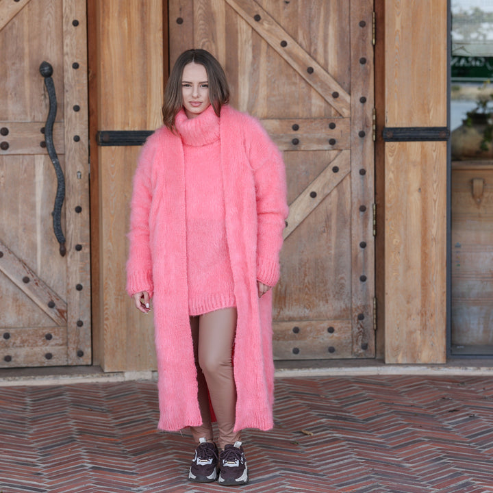 Bright pink Kid Mohair oversized maxi cardigan T2411 full front open over mint sweater