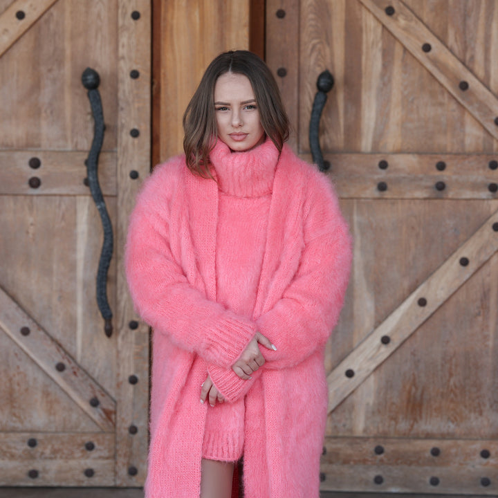 Bright pink Kid Mohair oversized maxi cardigan T2411 front view paired with coral sweater