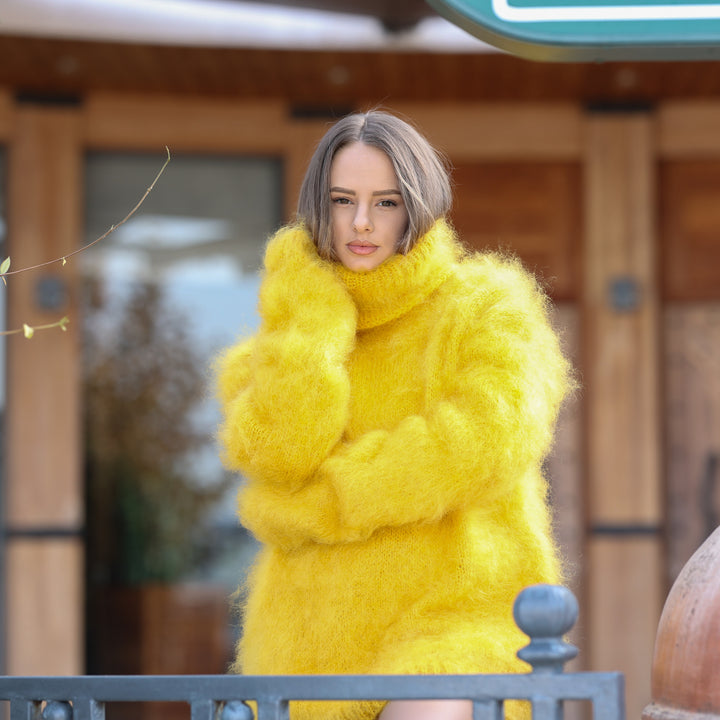 Bright yellow fluffy Kid Mohair oversized turtleneck sweater T2413 front three quarter pose