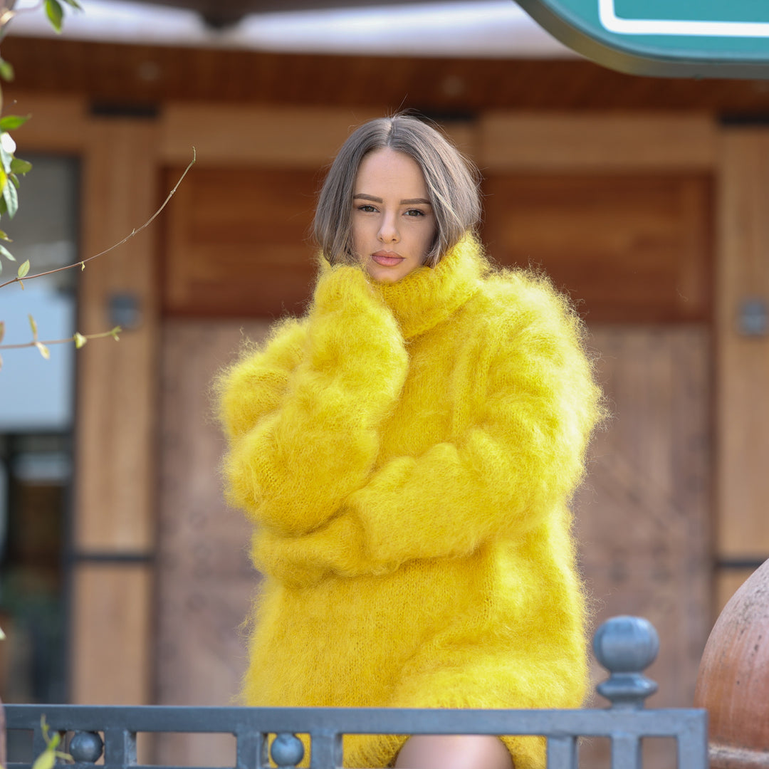 Bright yellow fluffy Kid Mohair oversized turtleneck sweater T2413 front portrait with neck detail