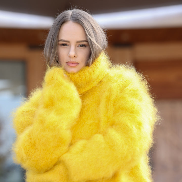 Bright yellow fluffy Kid Mohair oversized turtleneck sweater T2413 front medium view