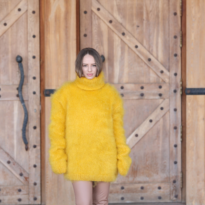 Bright yellow fluffy Kid Mohair oversized turtleneck sweater T2413 close-up fuzzy texture and turtleneck