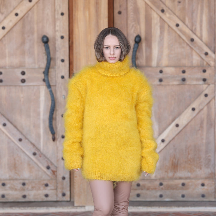 Bright yellow fluffy Kid Mohair oversized turtleneck sweater T2413 full length front view