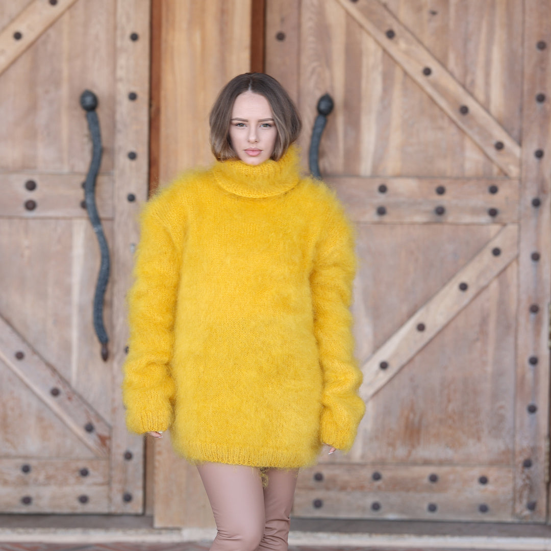 Bright yellow fluffy Kid Mohair oversized turtleneck sweater T2413 full length relaxed fit front