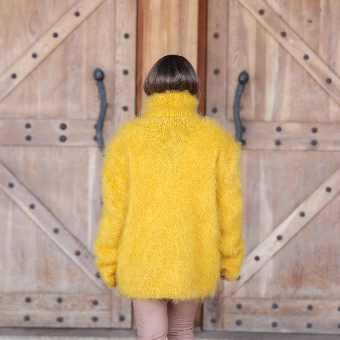 Bright yellow fluffy Kid Mohair oversized turtleneck sweater T2413 front full length pose
