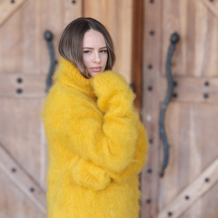 Bright yellow fluffy Kid Mohair oversized turtleneck sweater T2413 back view