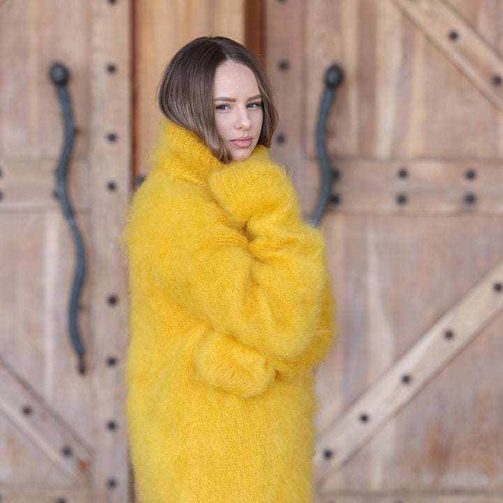 Bright yellow fluffy Kid Mohair oversized turtleneck sweater T2413 side angle high neck and sleeve