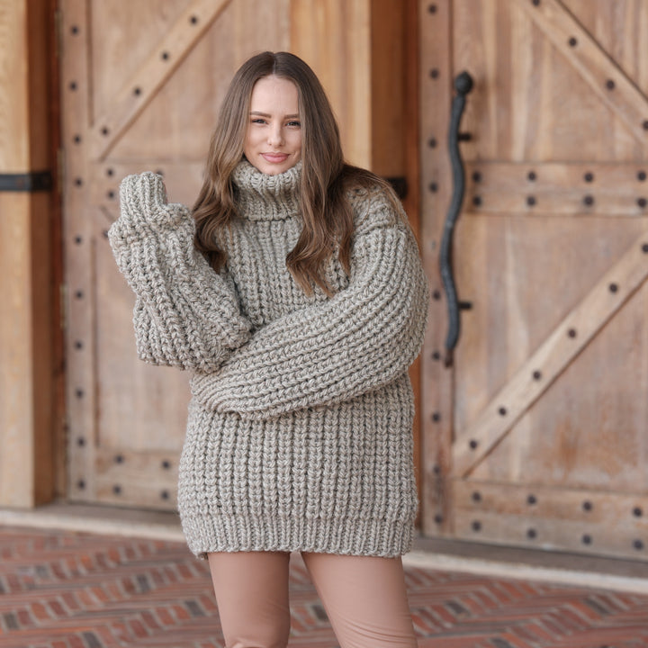 Gray beige melange 100% soft wool English rib oversized hand knit turtleneck sweater T2423