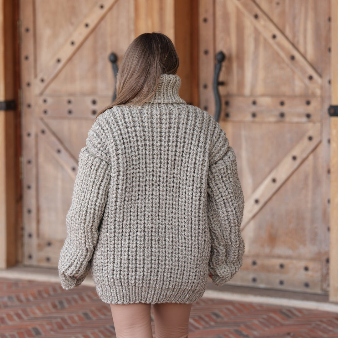 Gray beige melange 100% soft wool English rib oversized hand knit turtleneck sweater T2423