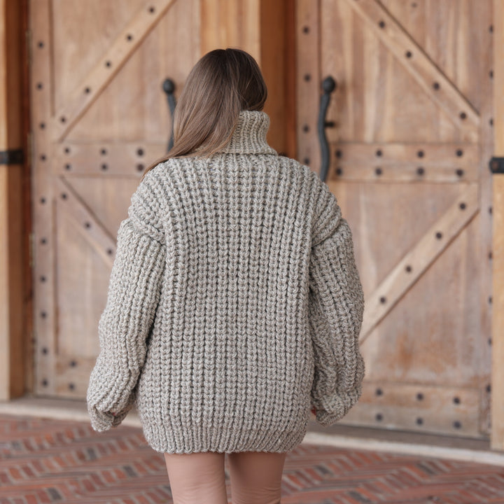 Gray beige melange 100% soft wool English rib oversized hand knit turtleneck sweater T2423