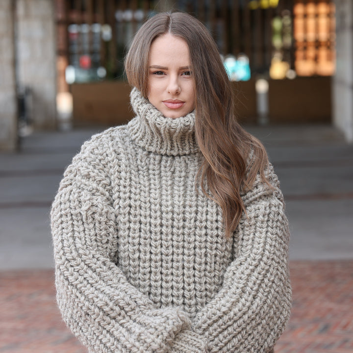 Gray beige melange 100% soft wool English rib oversized hand knit turtleneck sweater T2423