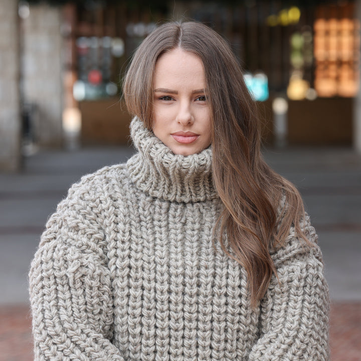 Gray beige melange 100% soft wool English rib oversized hand knit turtleneck sweater T2423