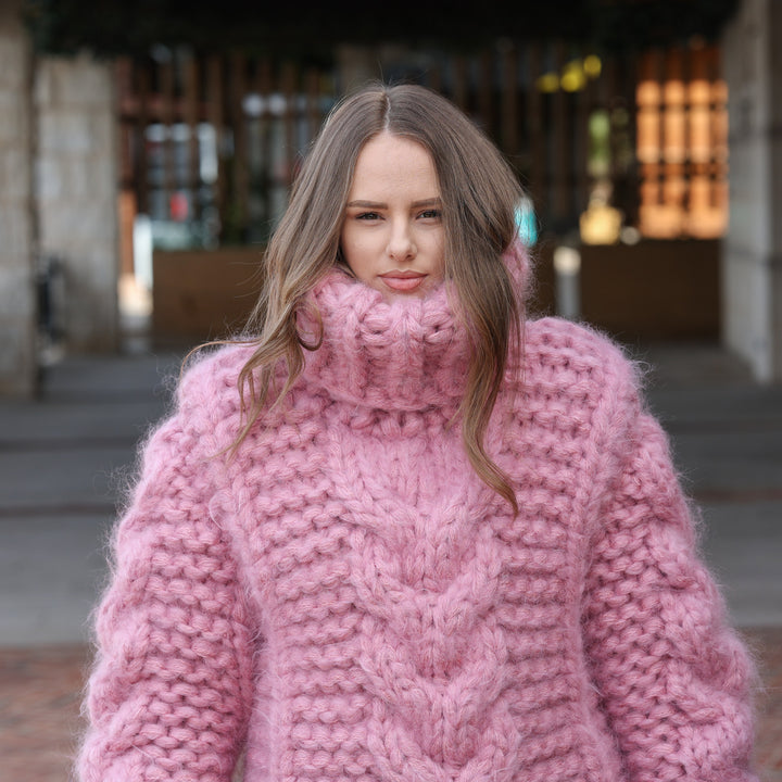Pink 20-strand longhaired mohair oversized cable knit turtleneck sweater T2426 photo 1