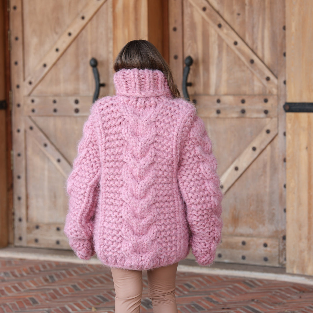 Pink 20-strand longhaired mohair oversized cable knit turtleneck sweater T2426 photo 2