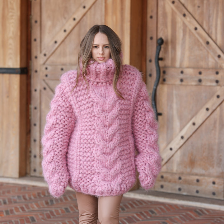 Pink 20-strand longhaired mohair oversized cable knit turtleneck sweater T2426 photo 3