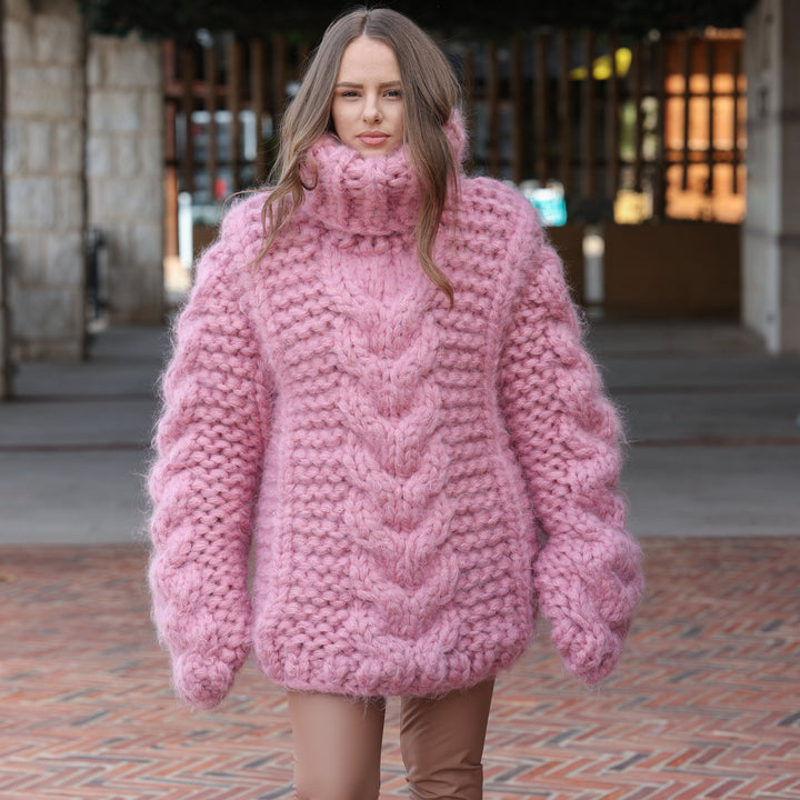 Pink 20-strand longhaired mohair oversized cable knit turtleneck sweater T2426 photo 4