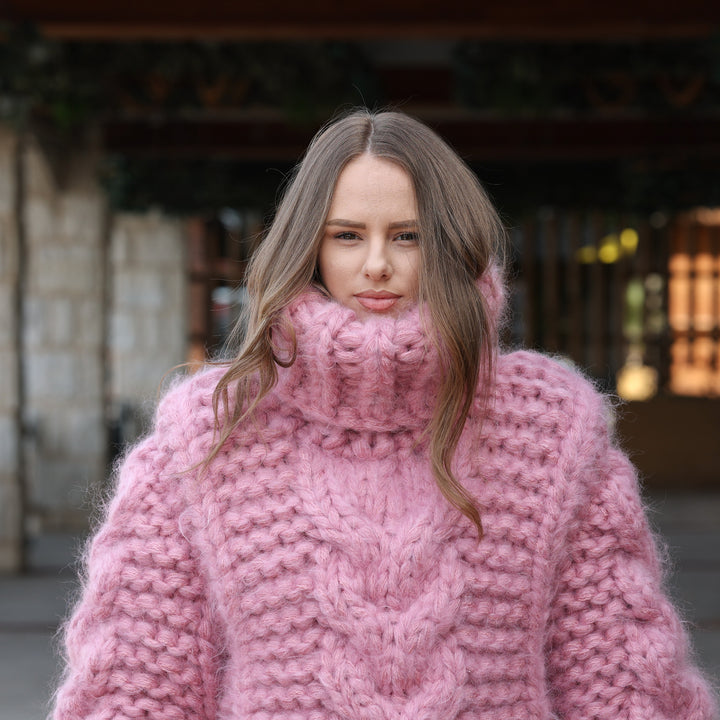 Pink 20-strand longhaired mohair oversized cable knit turtleneck sweater T2426 photo 5